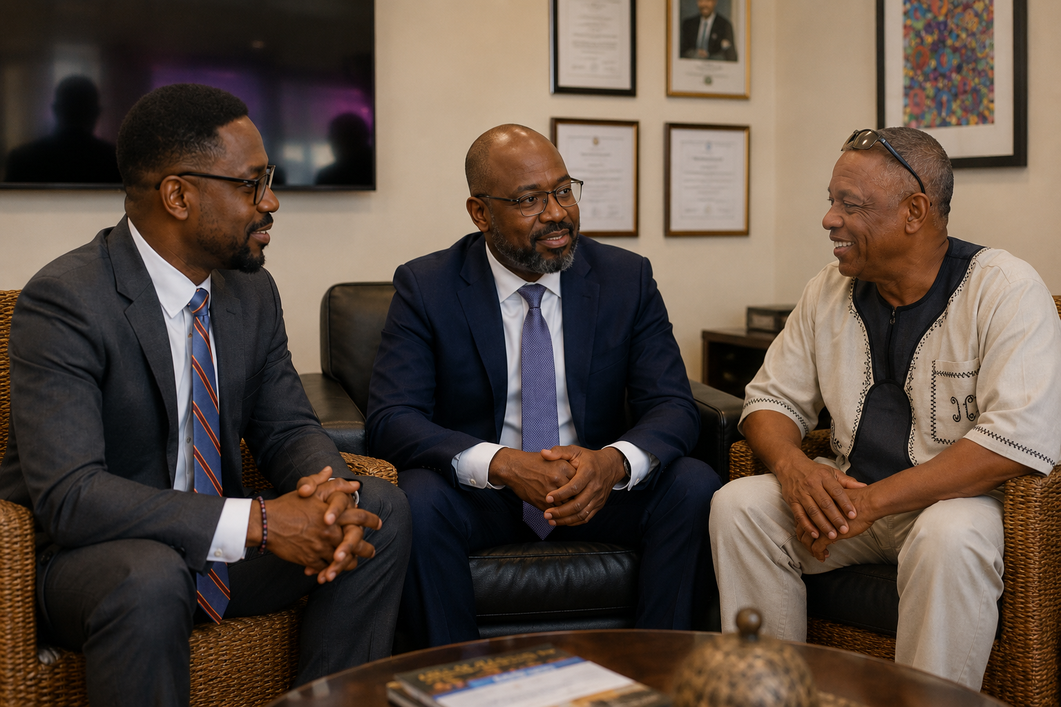 Three leaders in conversation during an AEECV meeting